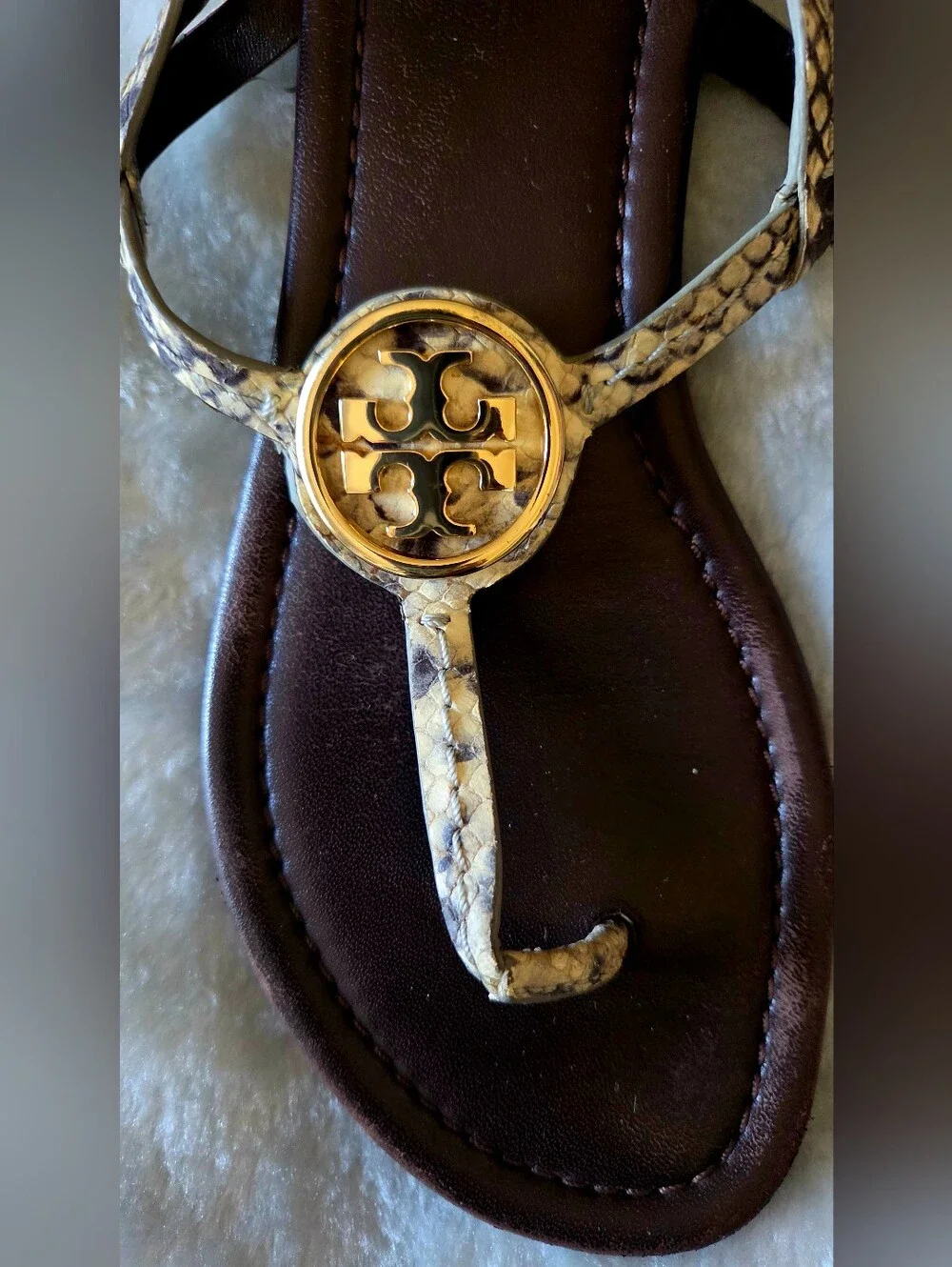 Tory Burch Metallic Gold Logo Thong Sandals with Brown Footbed